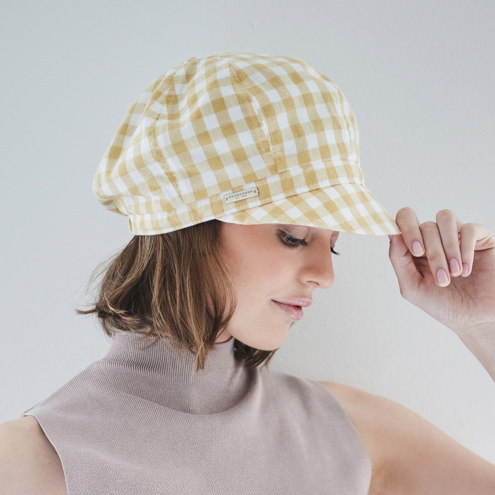 Seeberger Hats Checked Cotton Baker Boy Cap - Yellow-White