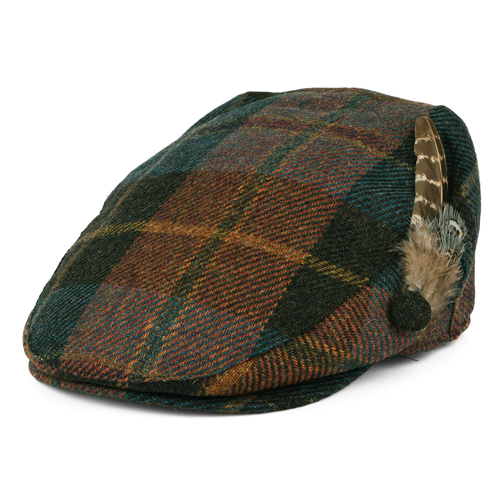 Failsworth Hats British Wool Tartan Feather Flat Cap - Teal-Rust
