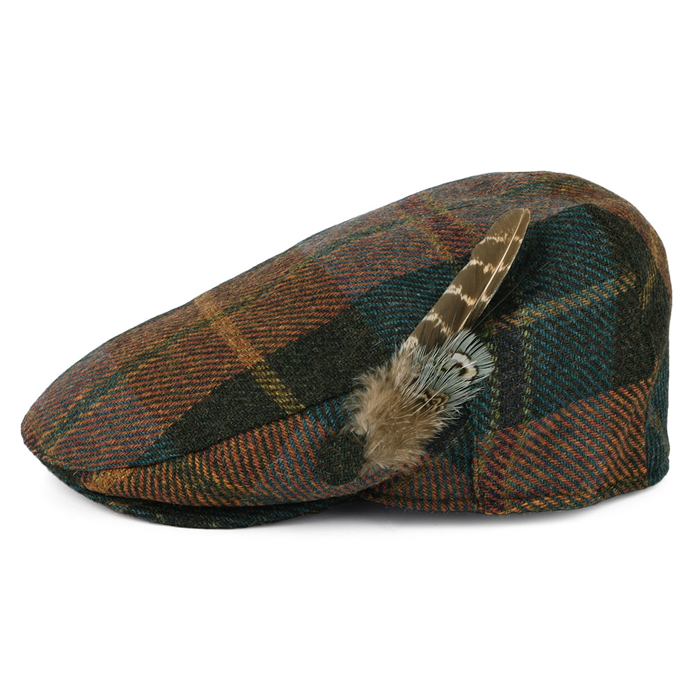 Failsworth Hats British Wool Tartan Feather Flat Cap - Teal-Rust