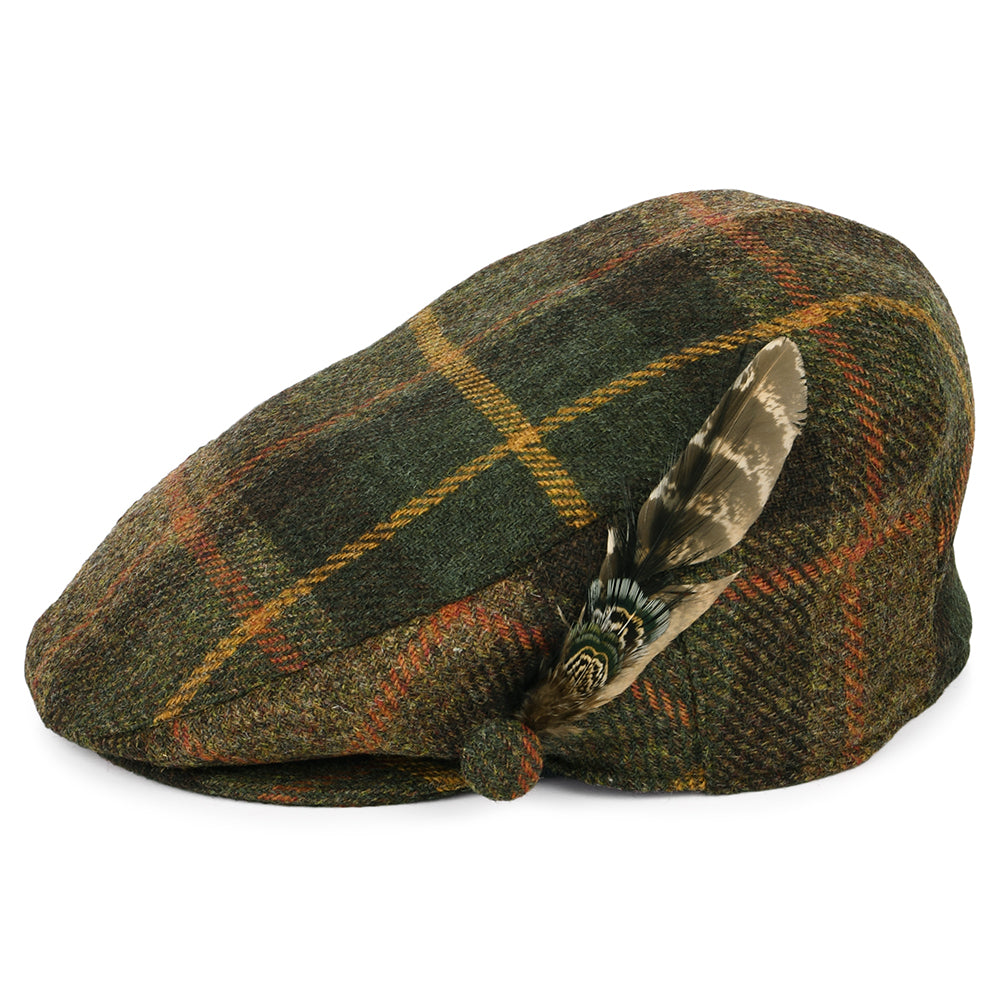 Failsworth Hats British Wool Tartan Feather Flat Cap - Green-Brown-Mustard