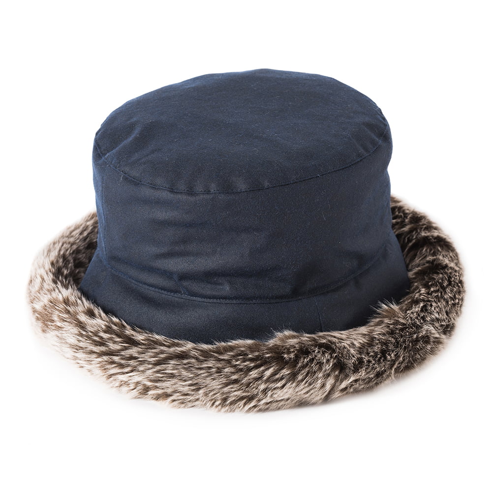 Failsworth Hats Classic Wax Cotton Faux Fur Trim Bucket Hat - Navy Blue