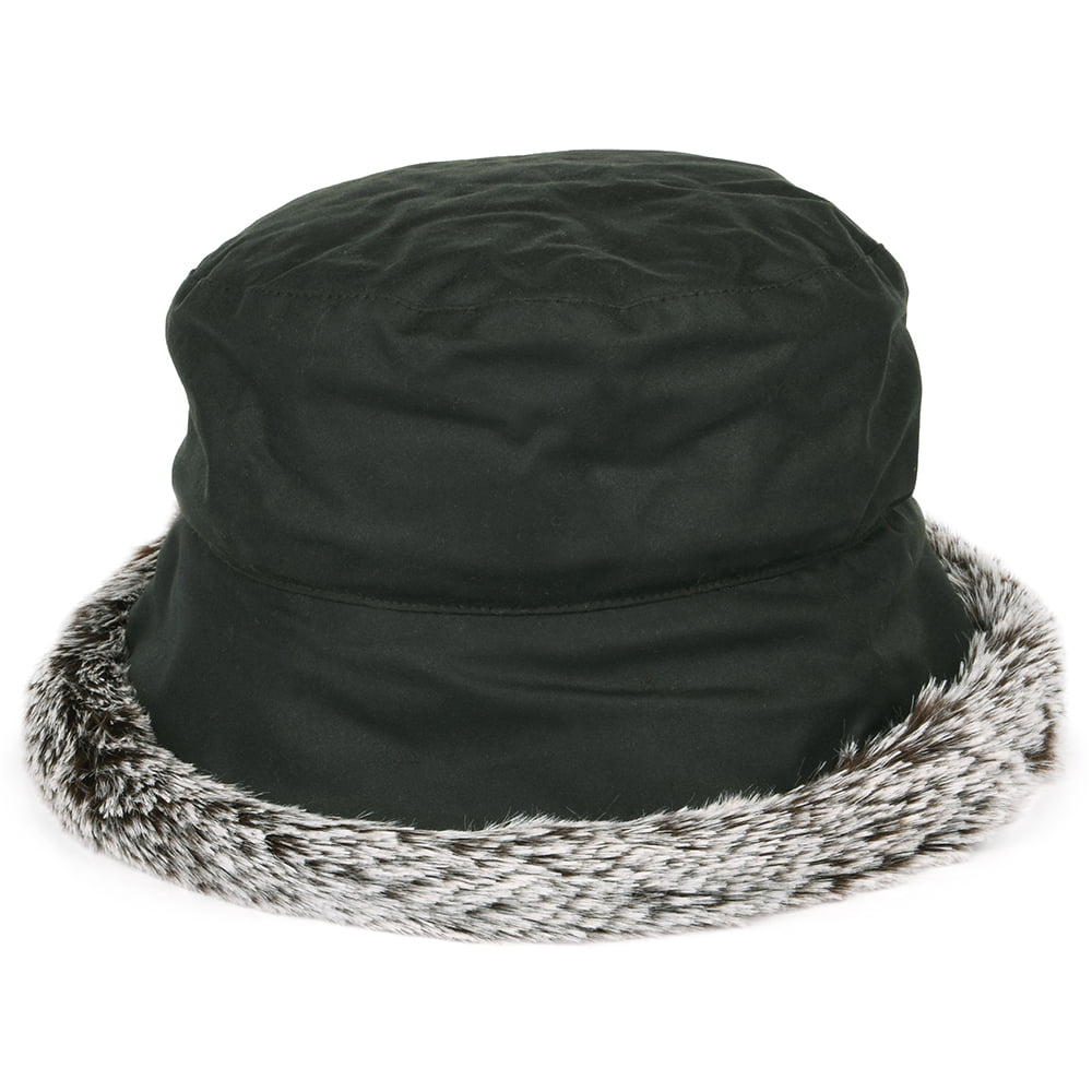 Failsworth Hats British Waxed Cotton Faux Fur Trim Bucket Hat - Olive
