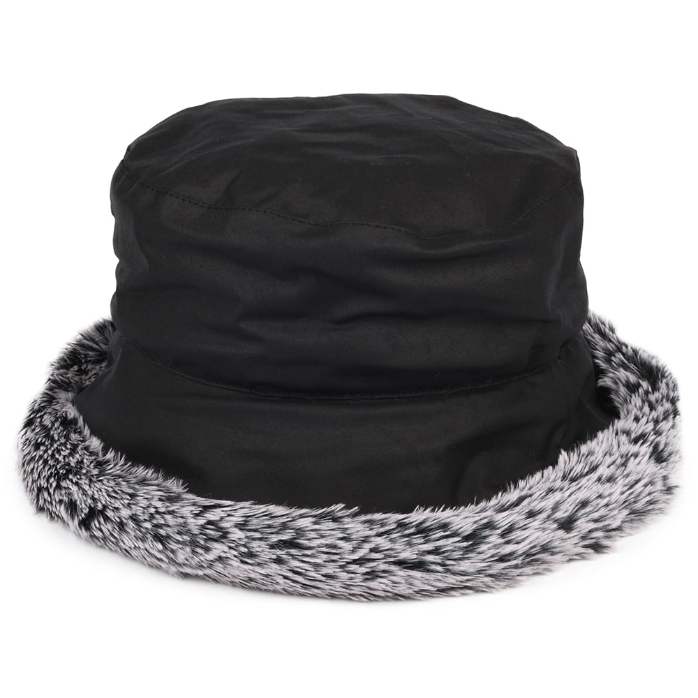 Failsworth Hats British Waxed Cotton Faux Fur Trim Bucket Hat - Black