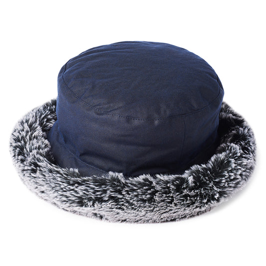 Failsworth Hats British Waxed Cotton Faux Fur Trim Bucket Hat - Navy Blue
