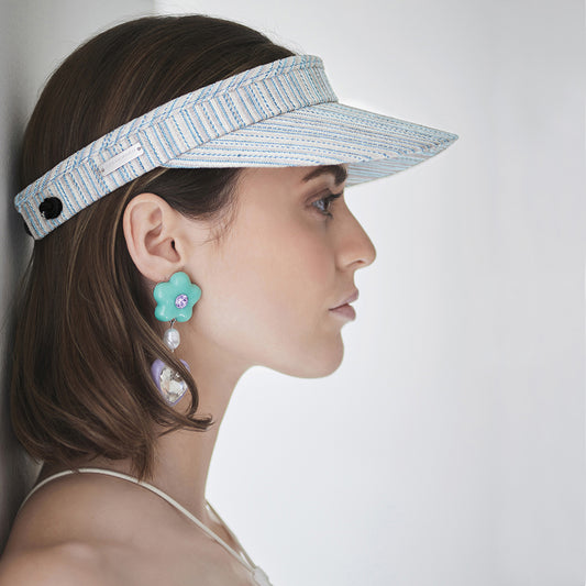 Seeberger Hats Cotton-Linen Sun Visor - Light Blue-Off White