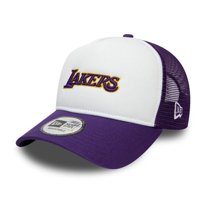 New Era 9FORTY L.A. Lakers A-Frame Trucker Cap - NBA Team Arch - Purple-White
