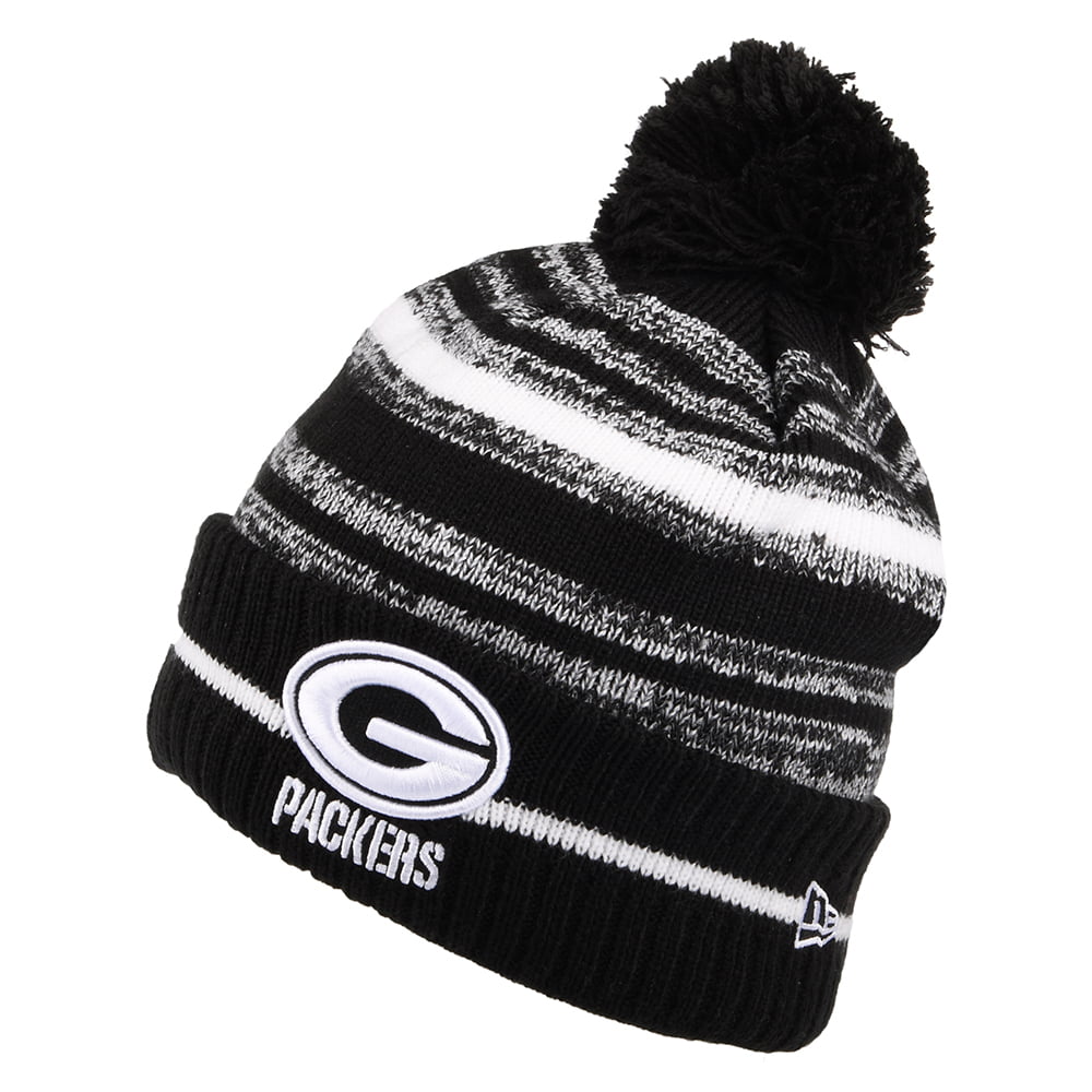New Era Green Bay Packers Bobble Hat - NFL Sport Knit - Black-White