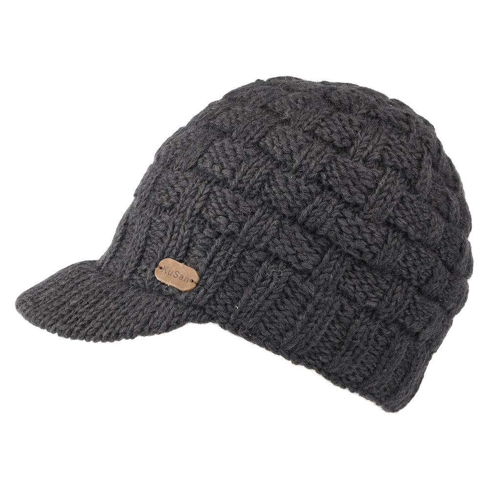 Kusan Basket Weave Peaked Beanie Hat - Charcoal