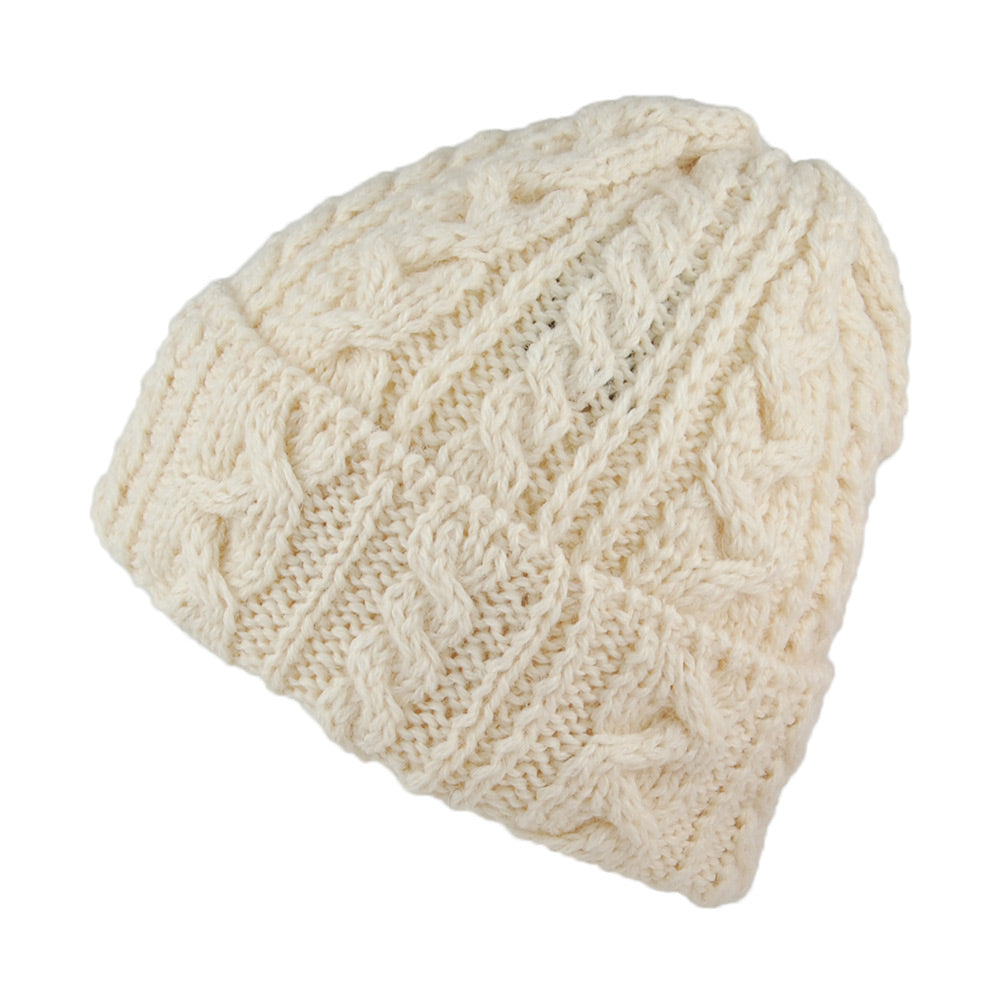 Highland 2000 Cuffed Cable Knit English Wool Beanie Hat - Natural