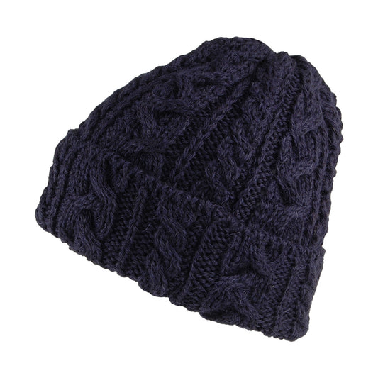 Highland 2000 Cuffed Cable Knit English Wool Beanie Hat - Navy Blue