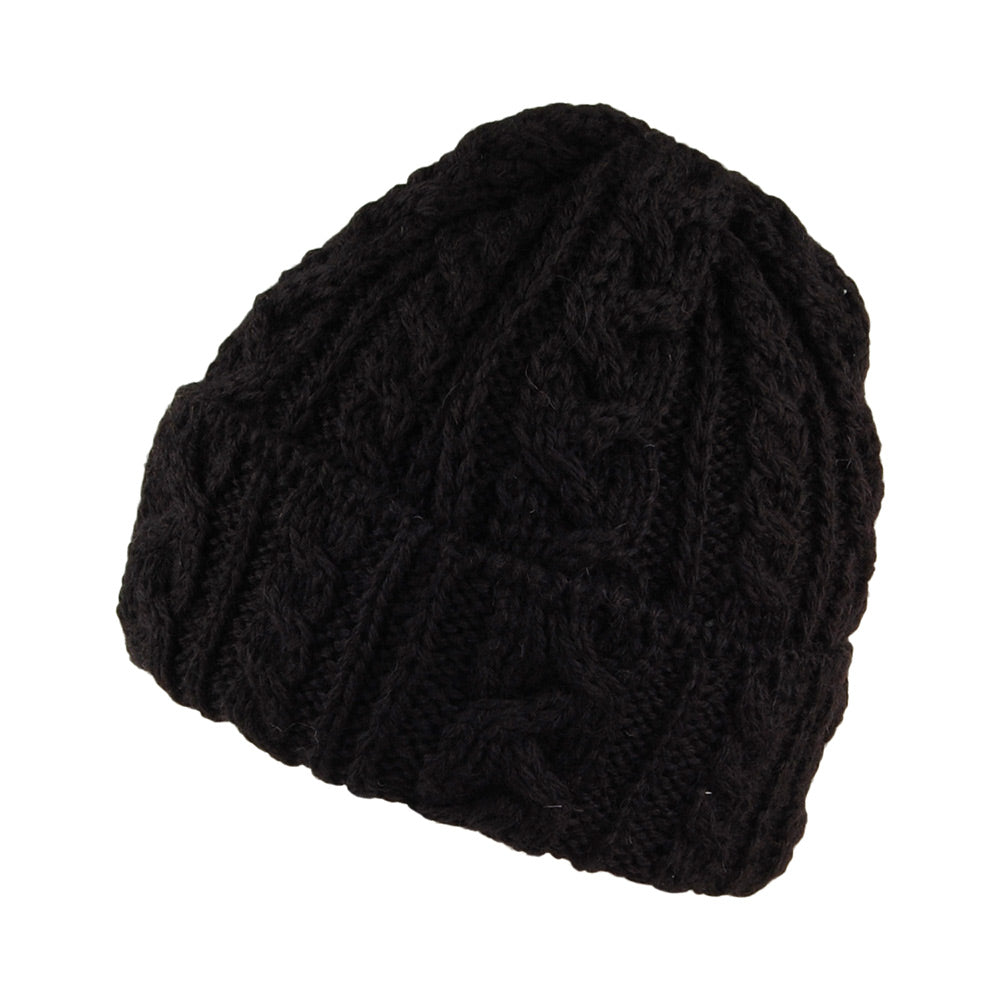Highland 2000 Cuffed Cable Knit English Wool Beanie Hat - Black