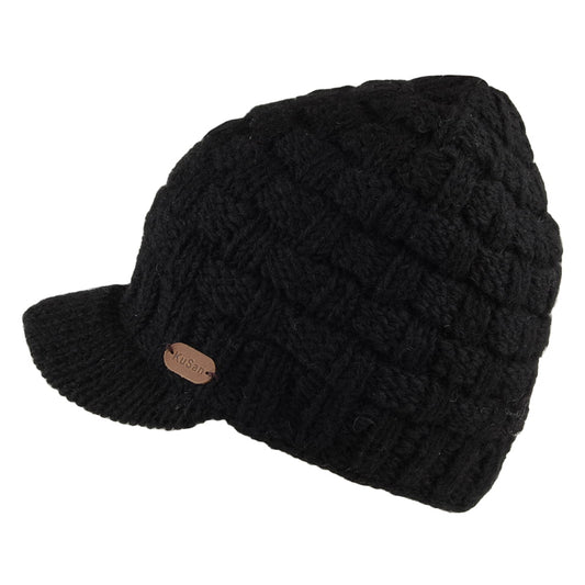 Kusan Basket Weave Peaked Beanie Hat - Black