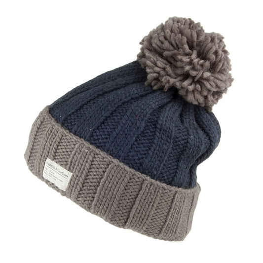 Kusan Ribbed Turn Up Bobble Hat - Navy-Grey