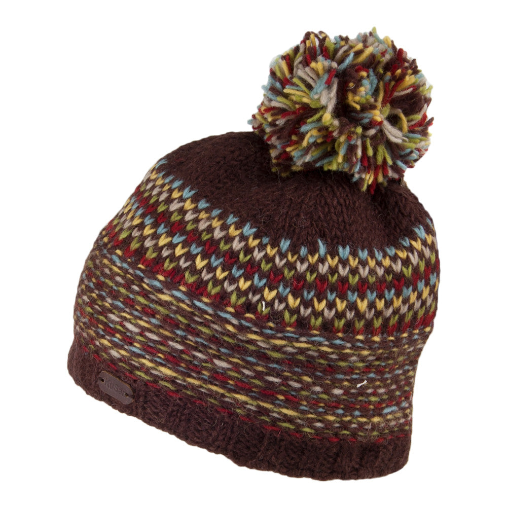 Kusan Knit Wool Bobble Hat - Brown-Yellow