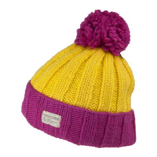 Kusan Ribbed Turn Up Bobble Hat - Pink-Yellow