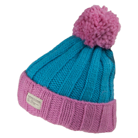 Kusan Ribbed Turn Up Bobble Hat - Pink-Blue