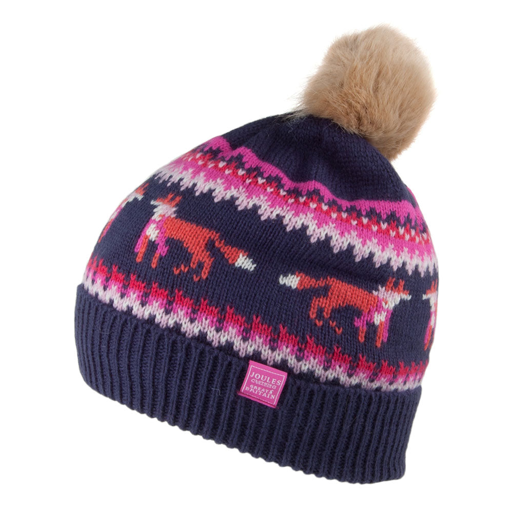 Joules Kids Fair Isle Foxes Knitted Bobble Hat - Navy-Pink