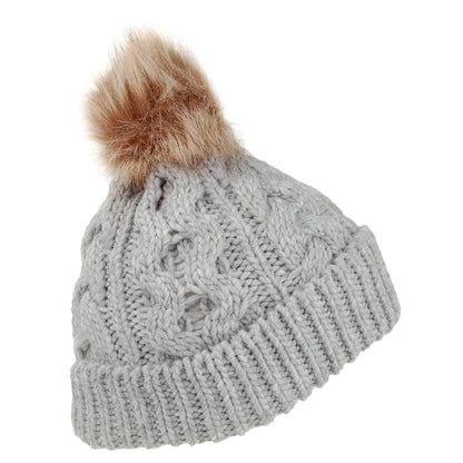 Barbour Hats Penshaw Cable Knit Faux Fur Pom Bobble Hat - Grey