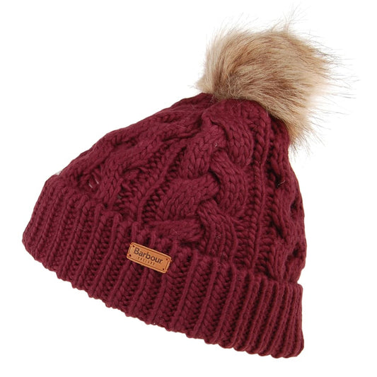 Barbour Hats Penshaw Cable Knit Faux Fur Pom Bobble Hat - Bordeaux