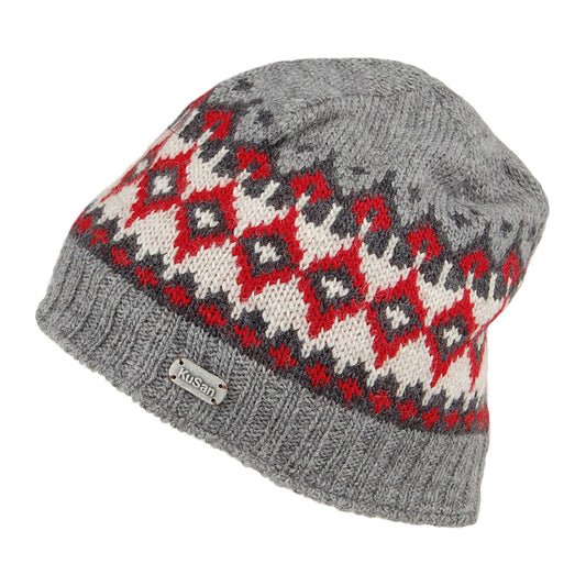 Kusan Hats Fine Gauge Fair Isle Beanie Hat - Grey-Red