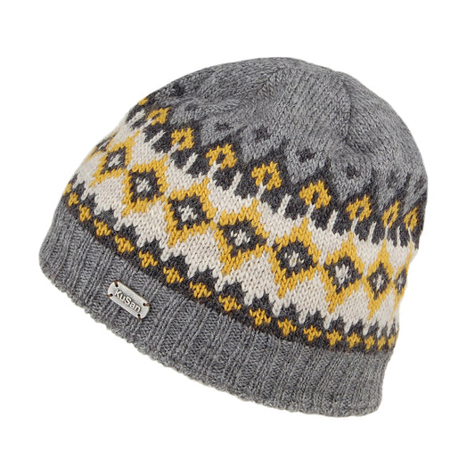 Kusan Hats Fine Gauge Fair Isle Beanie Hat - Grey-Yellow