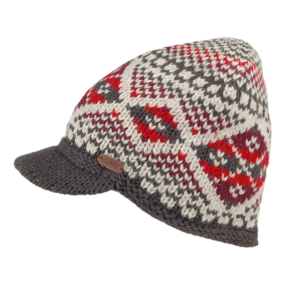 Kusan Brooklyn Fair Isle Peaked Beanie Hat - Red-Grey