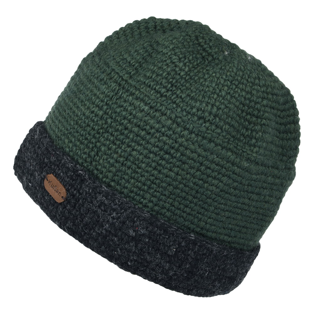 Kusan Turn Up Crochet Beanie Hat - Green