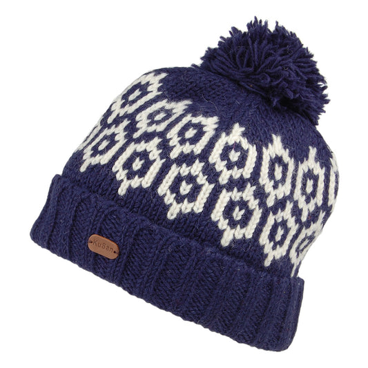 Kusan Patterned Turn Up Bobble Hat - Navy Blue