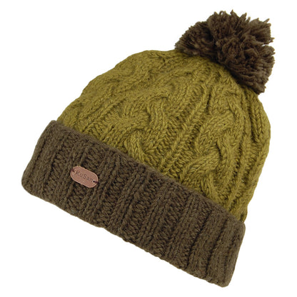 Kusan 2-Tone Cable Knit Turn Up Bobble Hat - Olive-Green