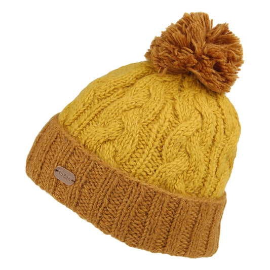 Kusan 2-Tone Cable Knit Turn Up Bobble Hat - Mustard