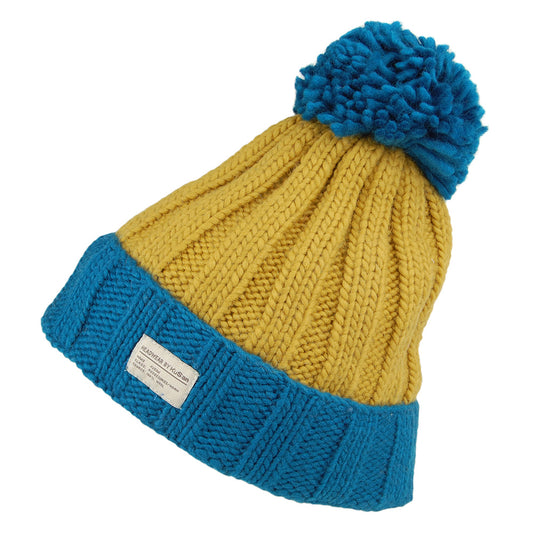 Kusan Ribbed Turn Up Bobble Hat - Blue-Yellow