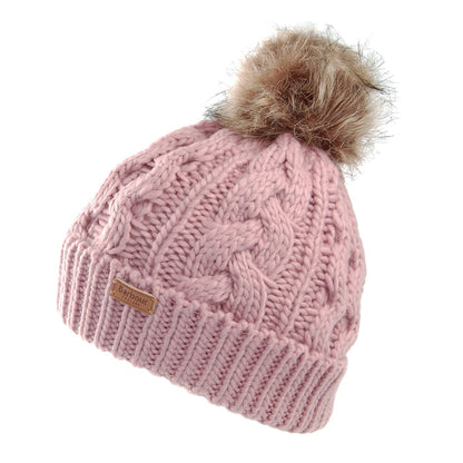 Barbour Hats Penshaw Cable Knit Faux Fur Pom Bobble Hat - Dusky Pink