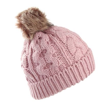 Barbour Hats Penshaw Cable Knit Faux Fur Pom Bobble Hat - Dusky Pink