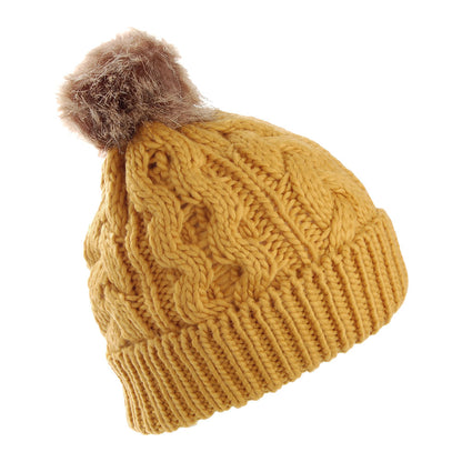 Barbour Hats Penshaw Cable Knit Faux Fur Pom Bobble Hat - Mustard