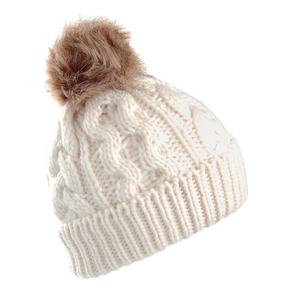 Barbour Hats Penshaw Cable Knit Faux Fur Pom Bobble Hat - Cream