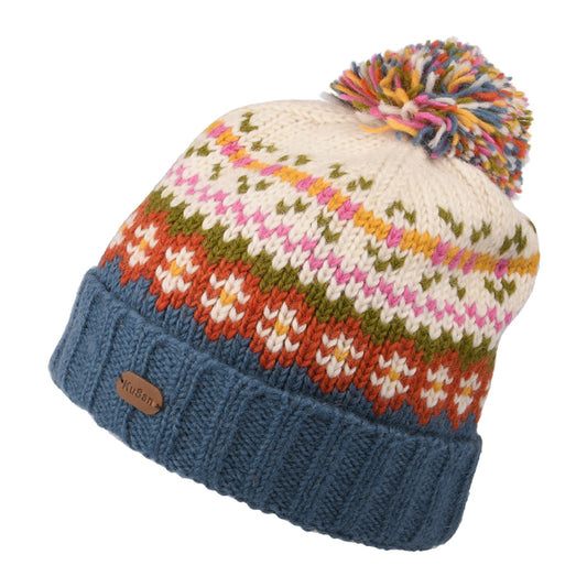 Kusan Mosaic Fair Isle Bobble Hat - Cream-Blue