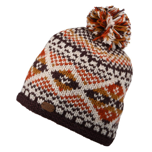 Kusan Big Diamond Fair Isle Bobble Hat - Orange-Multi