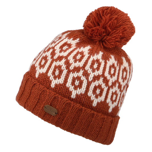 Kusan Patterned Turn Up Bobble Hat - Rust