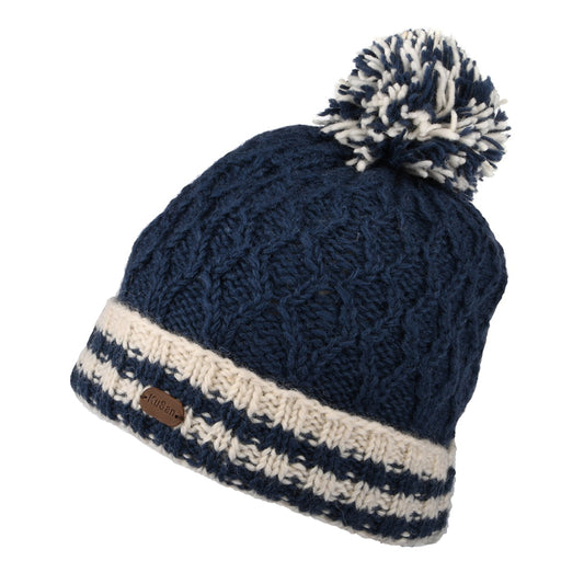 Kusan Diamond Knit Striped Cuff Bobble Hat - Navy Blue
