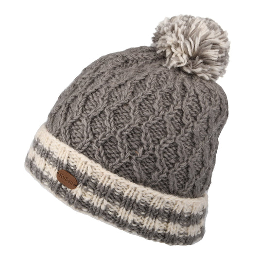 Kusan Diamond Knit Striped Cuff Bobble Hat - Grey-Multi