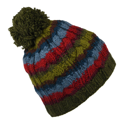 Kusan Striped Cable Knit Bobble Hat - Forest
