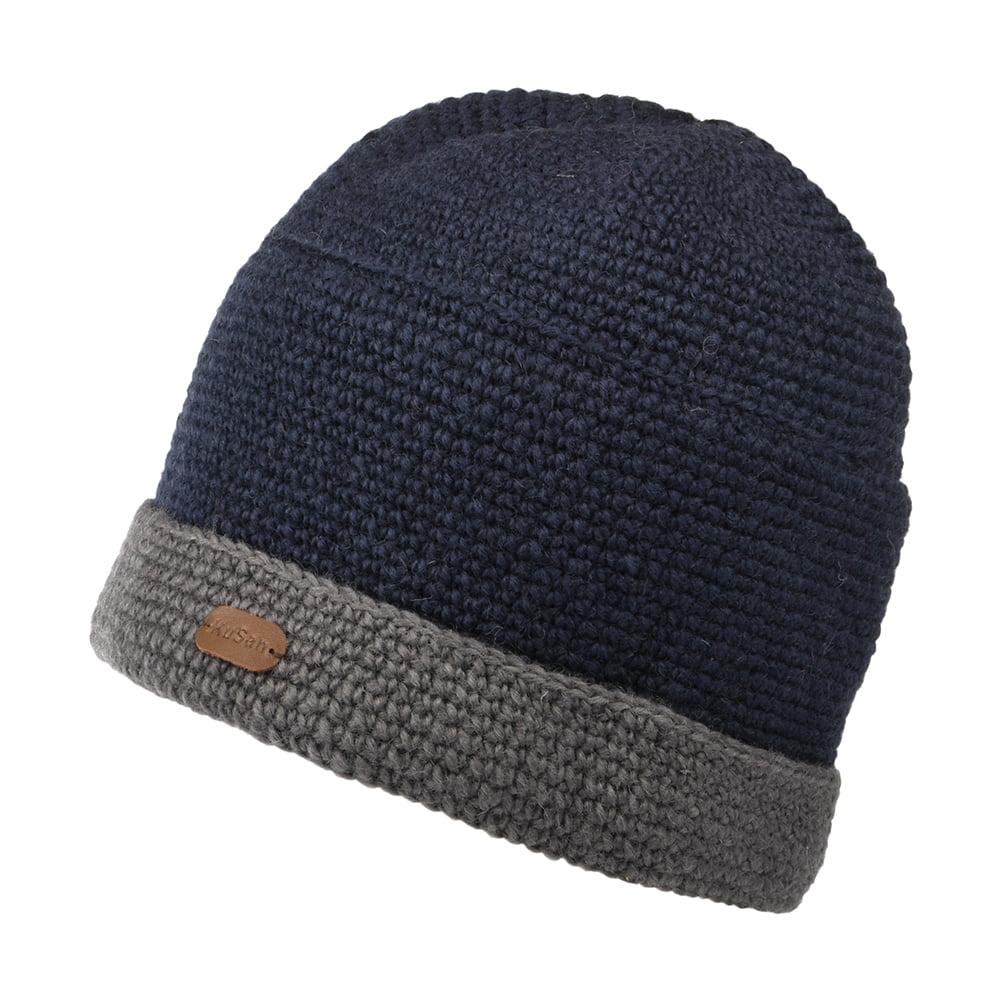 Kusan Hats Crochet Turn Up Beanie Hat - Navy-Grey