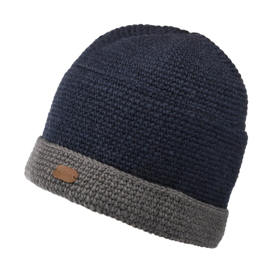 Kusan Turn Up Crochet Beanie Hat - Navy-Grey