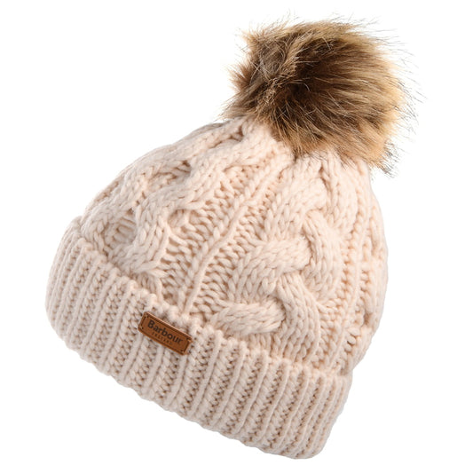 Barbour Hats Penshaw Cable Knit Faux Fur Pom Bobble Hat - Blush
