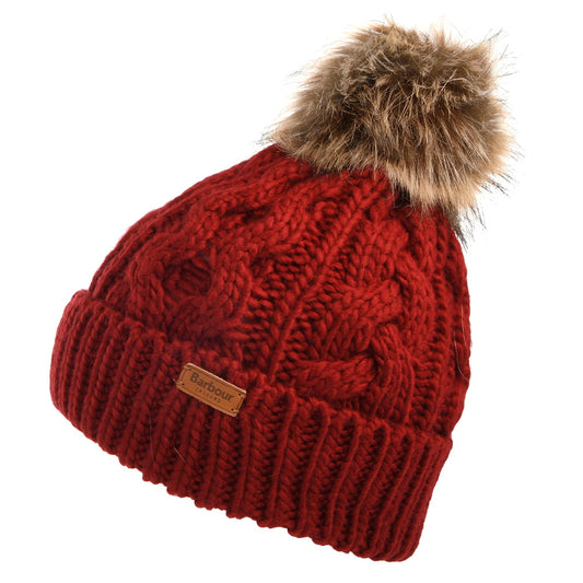 Barbour Hats Penshaw Cable Knit Faux Fur Pom Bobble Hat - Crimson