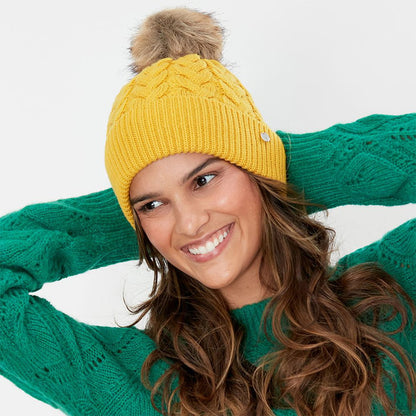 Joules Hats Elena Cable Knit Faux Fur Pom Bobble Hat - Mustard