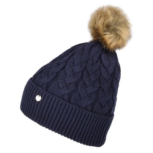 Joules Hats Elena Cable Knit Faux Fur Pom Bobble Hat - Navy Blue