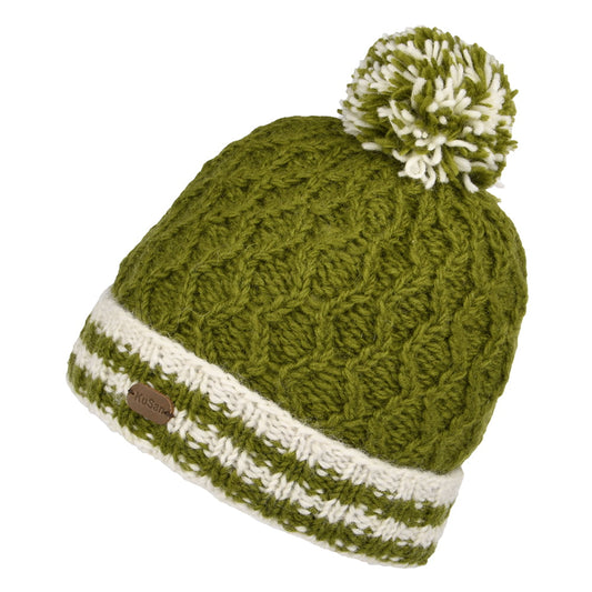 Kusan Diamond Knit Striped Cuff Bobble Hat - Olive