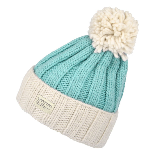 Kusan Ribbed Turn Up Bobble Hat - Light Grey-Aqua