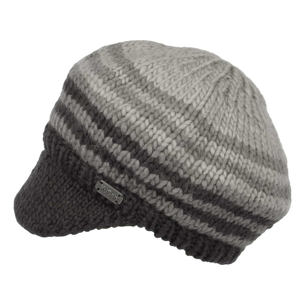 Kusan Moss Yarn Soft Peaked Beanie Hat - Cream-Grey
